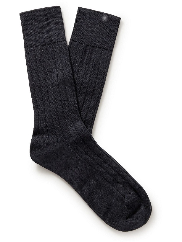 Photo: John Smedley - Omega Ribbed Merino Wool-Blend Socks - Gray