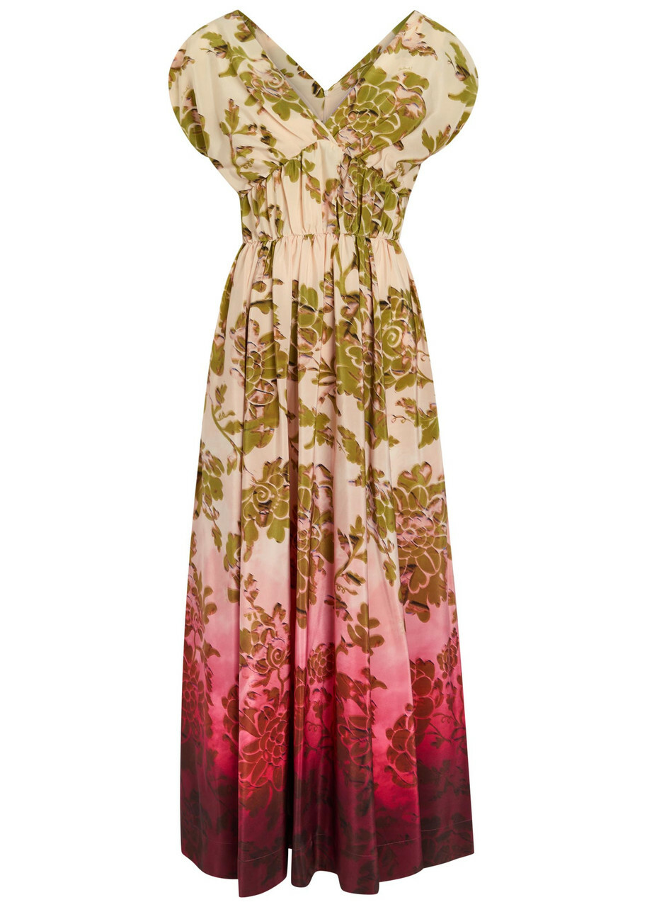 LA Double J Waldorf Printed Smocked Silk Midi Dress Red