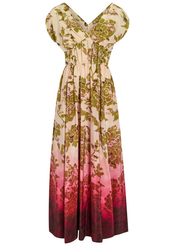 Photo: LA Double J Waldorf Printed Smocked Silk Midi Dress Red