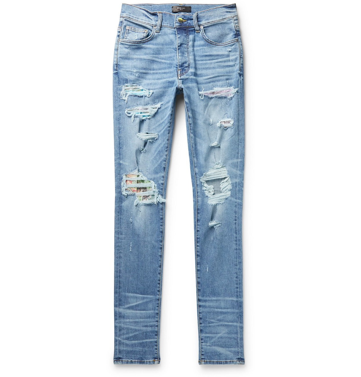 AMIRI - Skinny-Fit Distressed Panelled Stretch-Denim Jeans - Blue