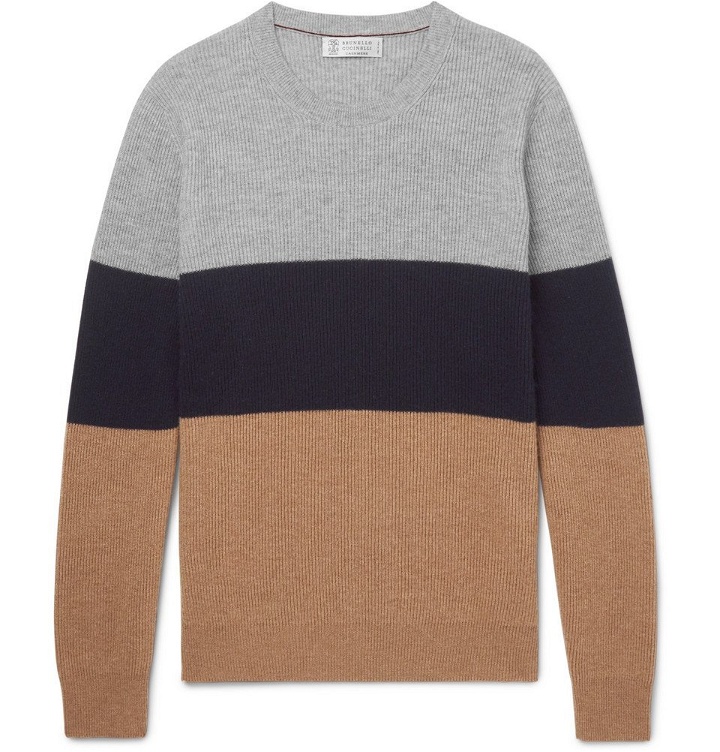 Photo: Brunello Cucinelli - Slim-Fit Colour-Block Cashmere Sweater - Men - Navy