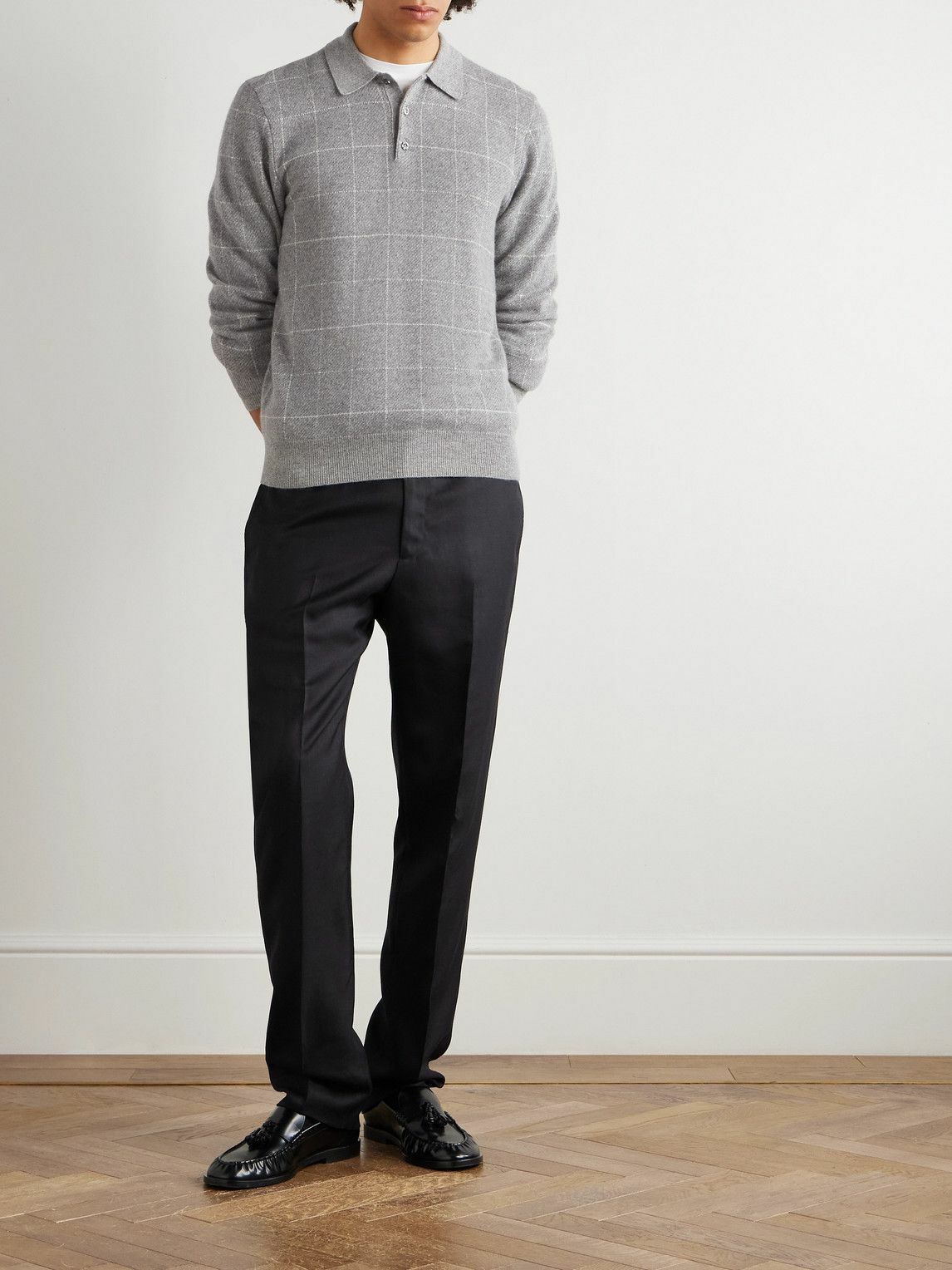 Ralph Lauren Purple label - Checked Cashmere Polo Shirt - Gray