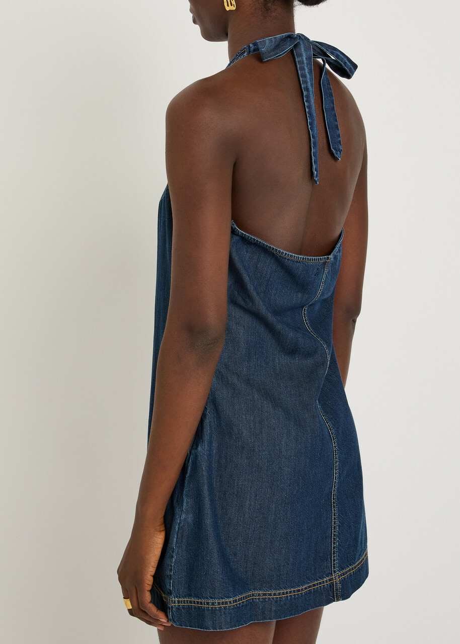 Good American Halterneck Denim Mini Dress Navy
