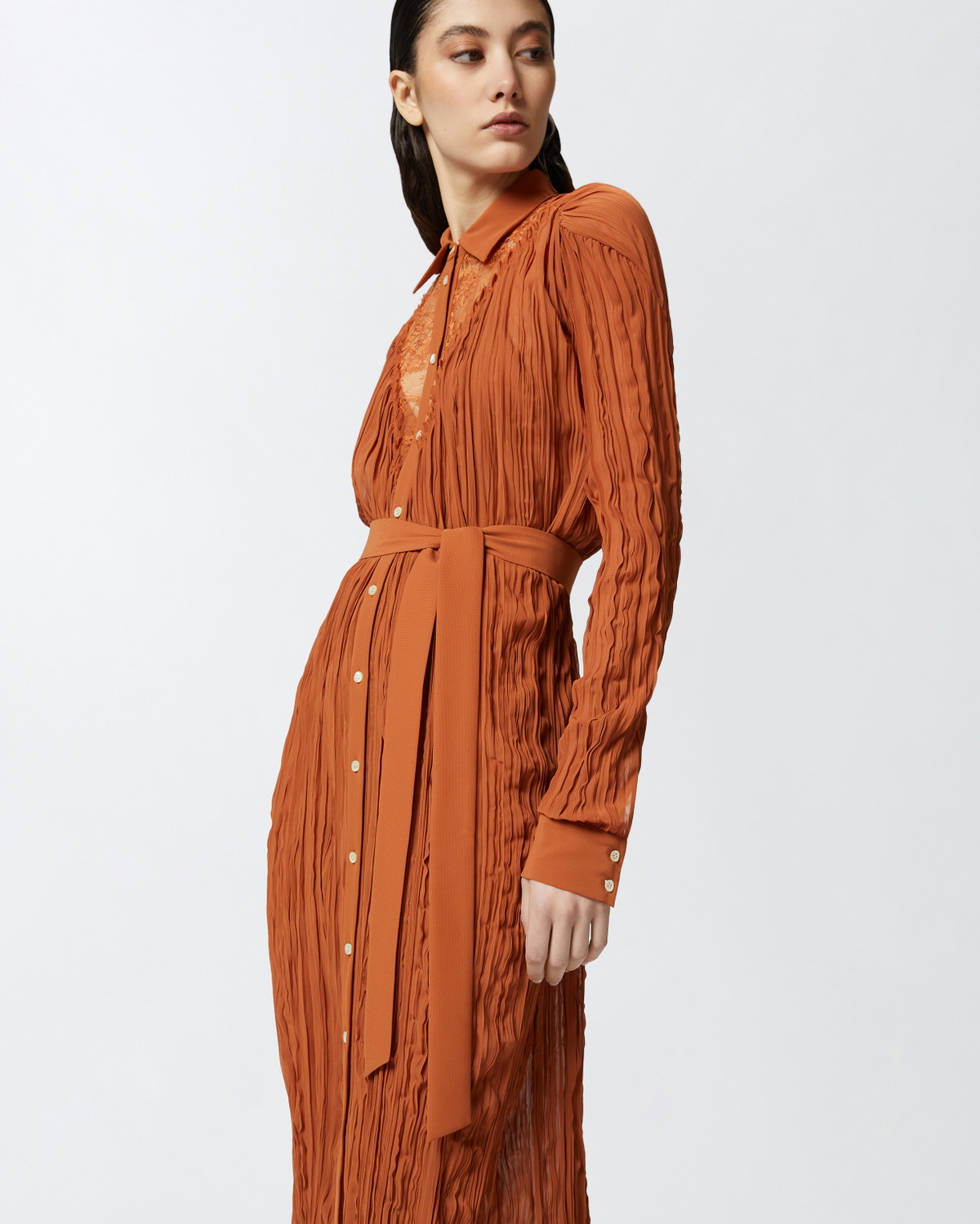 Pinko Long Shirt Dress With Lace Details Tan Brown