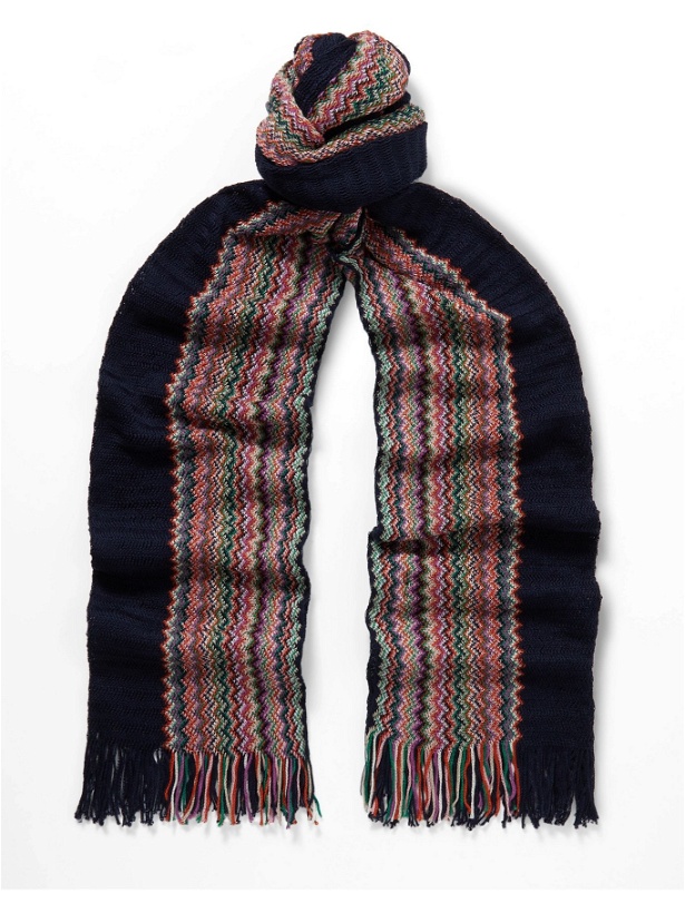 Photo: MISSONI - Fringed Striped Crochet-Knit Cotton Scarf - Blue