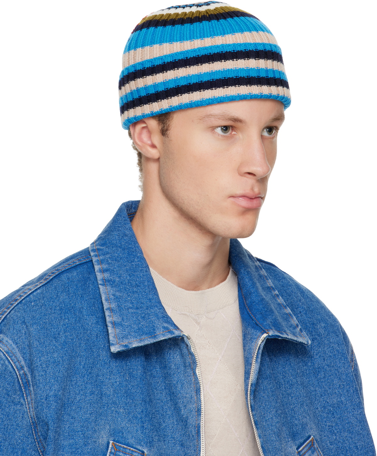 Marni Blue Striped Ribbed Beanie