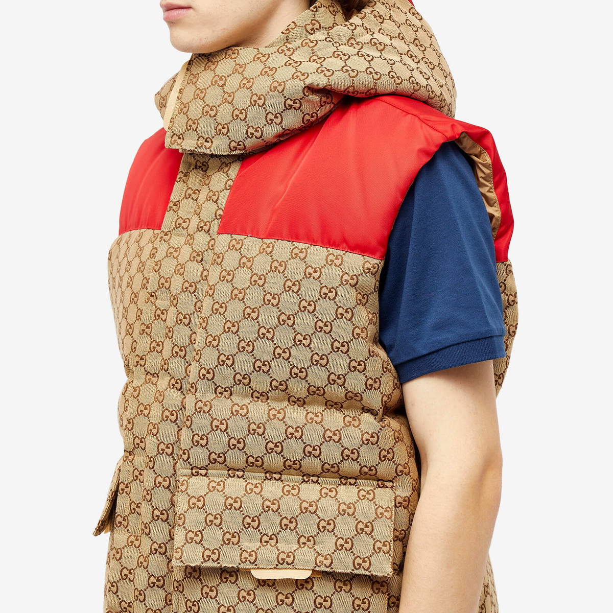 Gucci Men's GG Jacquard Hooded Down Vest in Camel