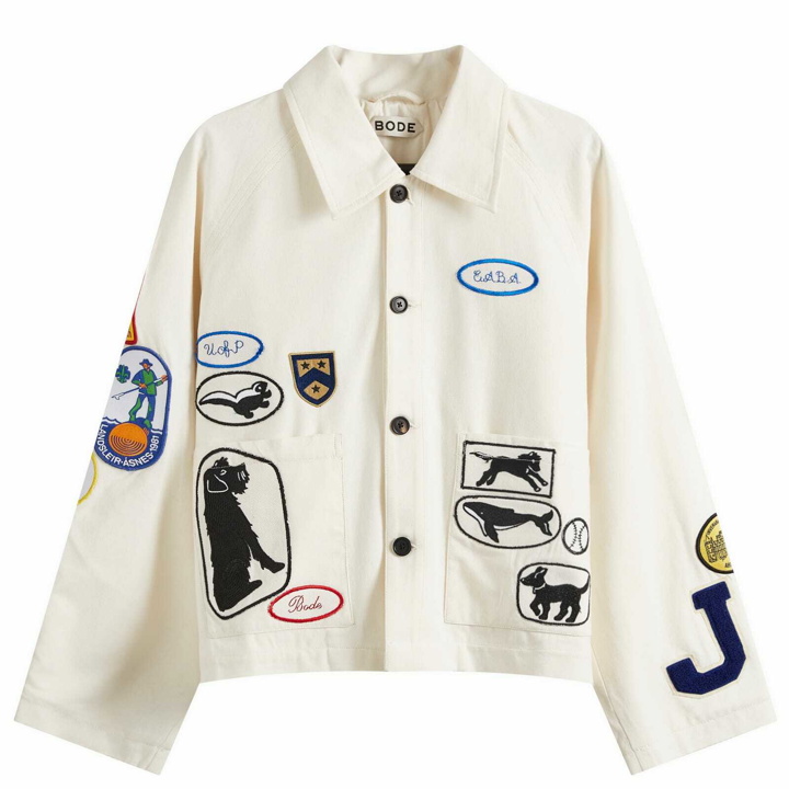 Photo: BODE Men's Cambridge Patch Jacket in White/Multi