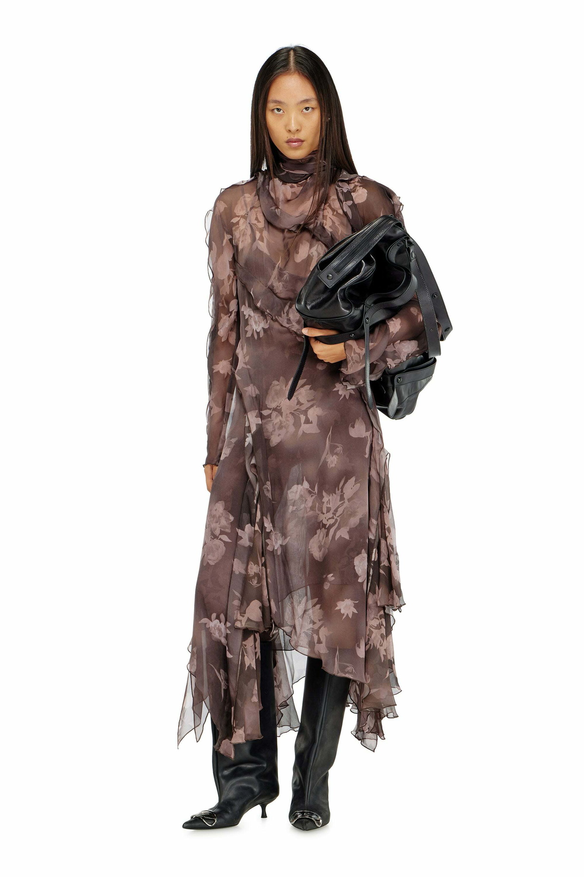 Diesel Asymmetric midi dress in chiffon and silk-crepe - Dresses Womens in Brown
