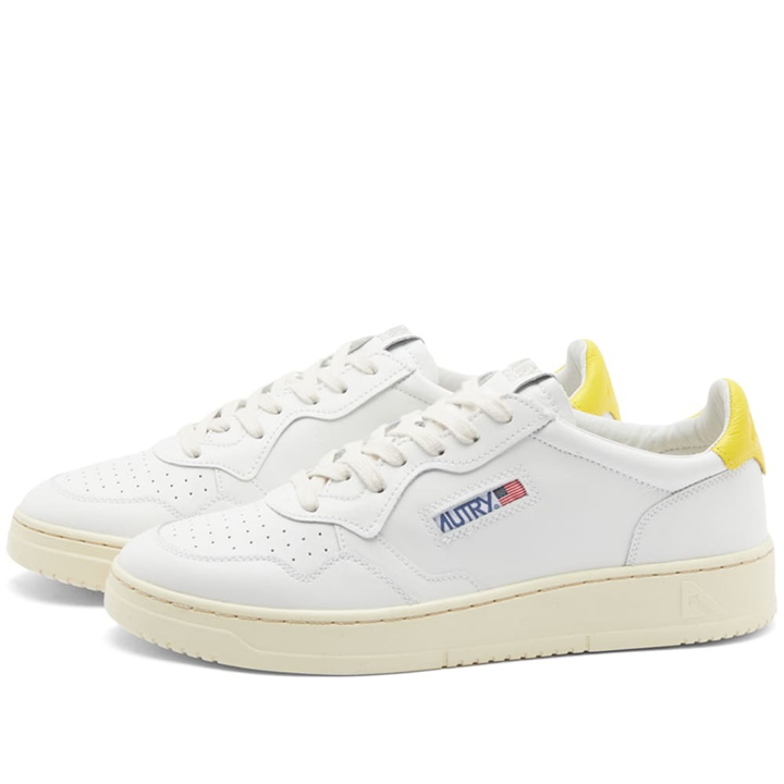 Photo: Autry Men's 01 Low Leather Sneakers in White/Yellow