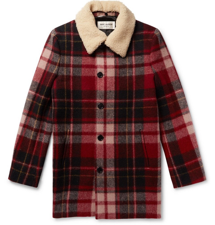 Photo: Saint Laurent - Shearling-Trimmed Checked Wool Coat - Men - Red