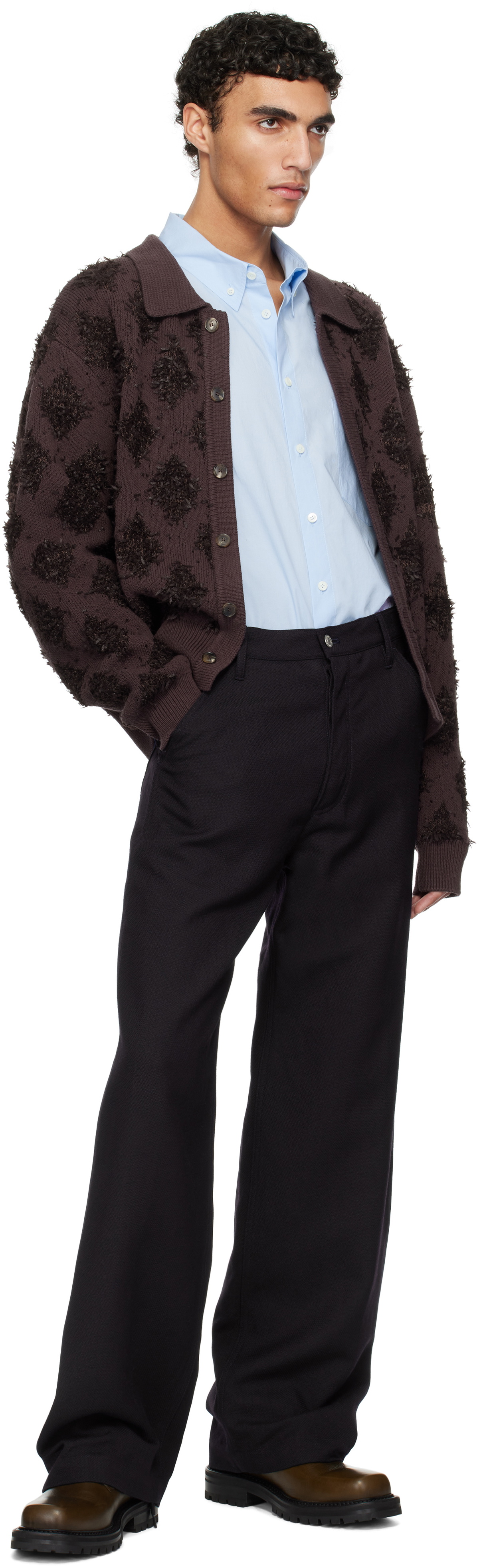 RECTO Brown Fringe Jacquard Knit Cardigan