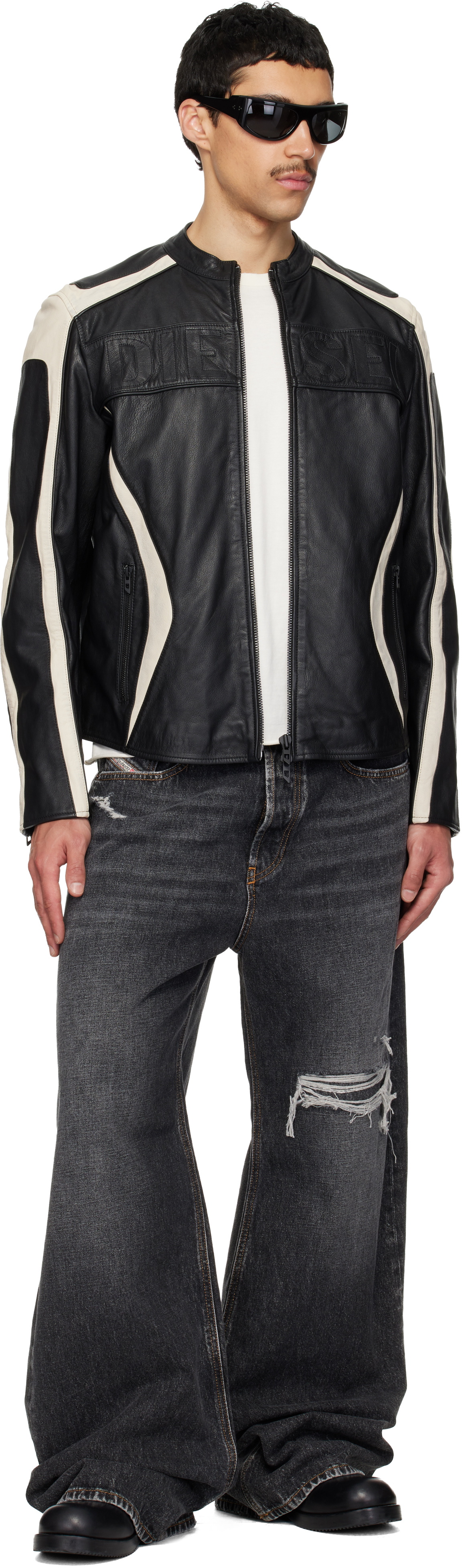 Diesel Black & Off-White L-Adam Leather Jacket