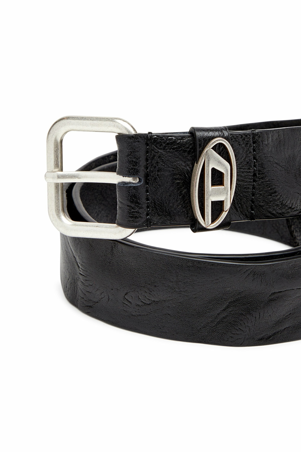 Diesel Logo-plaque wrinkled leather belt - Belts - Unisex - Black