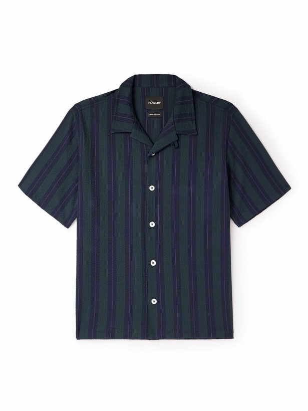 Photo: Howlin' - Convertible-Collar Striped Cotton-Blend Seersucker Shirt - Blue