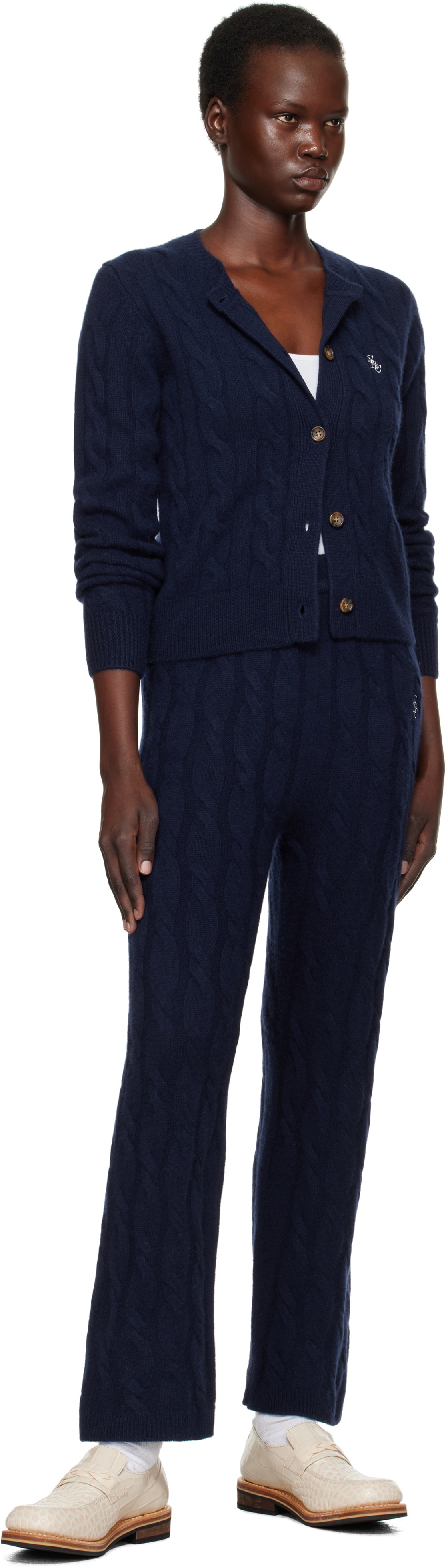 Sporty & Rich Navy 'SRC' Cableknit Cashmere Cardigan