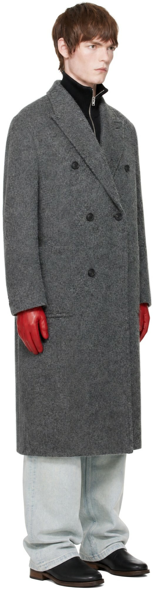 COOR Gray Hairy Peaked Lapel Double Coat