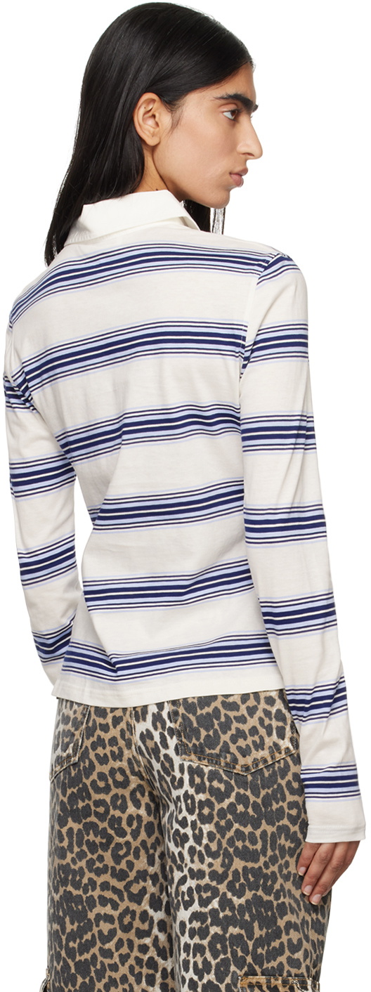 GANNI White & Blue Striped Long Sleeve Polo