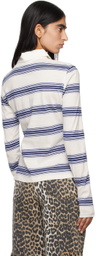 GANNI White & Blue Striped Long Sleeve Polo