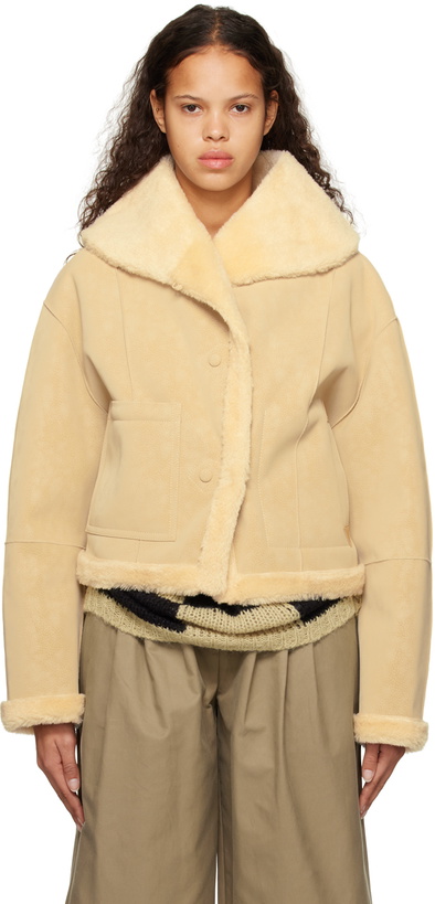 Photo: OPEN YY Beige Paneled Reversible Faux-Leather Jacket