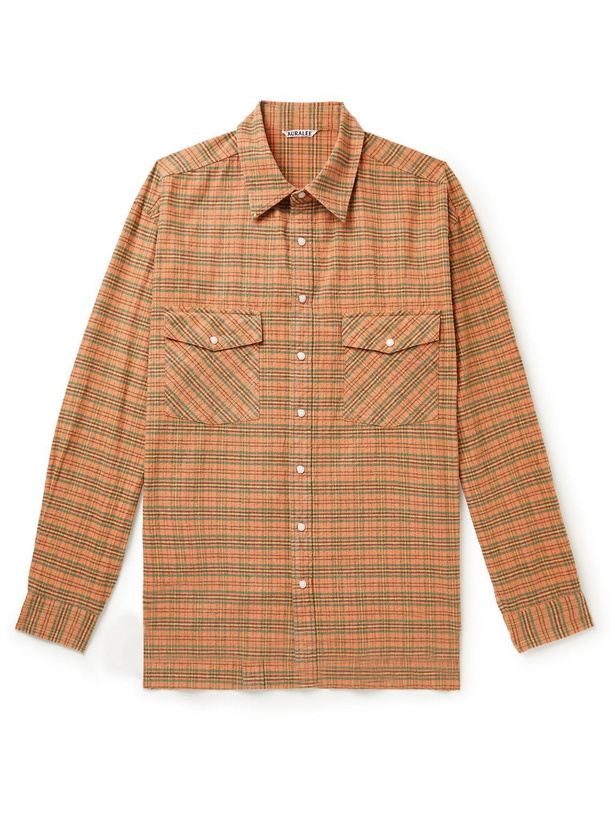 Photo: Auralee - Checked Silk and Cotton-Blend Flannel Shirt - Orange