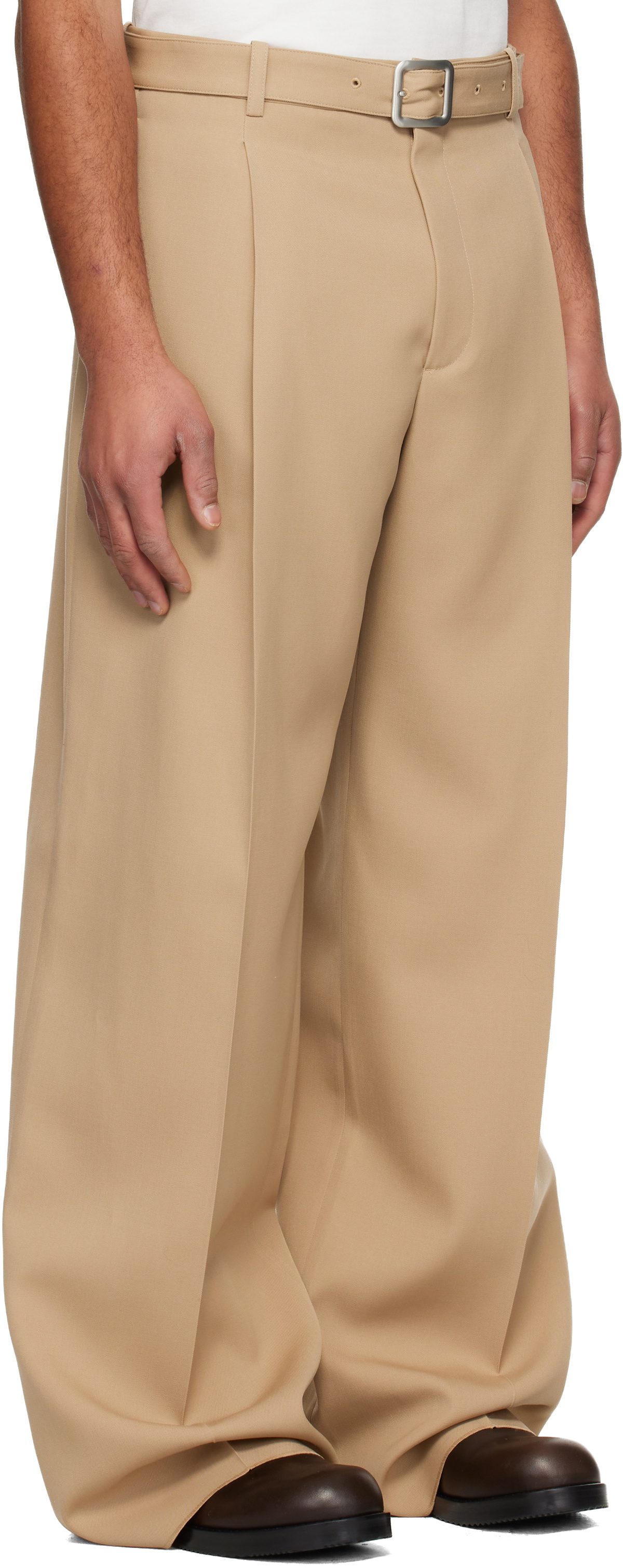 Jil Sander Beige Wool Gabardine Belted Trousers