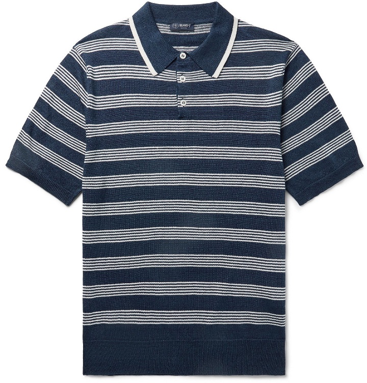 Photo: Beams F - Striped Linen and Cotton-Blend Polo Shirt - Blue