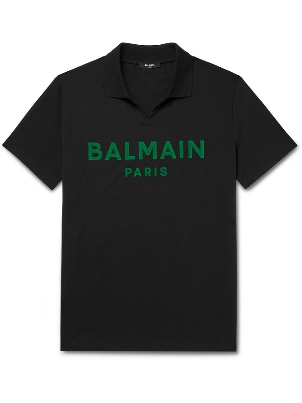 Photo: BALMAIN - Logo-Flocked Cotton-Jersey Polo Shirt - Black
