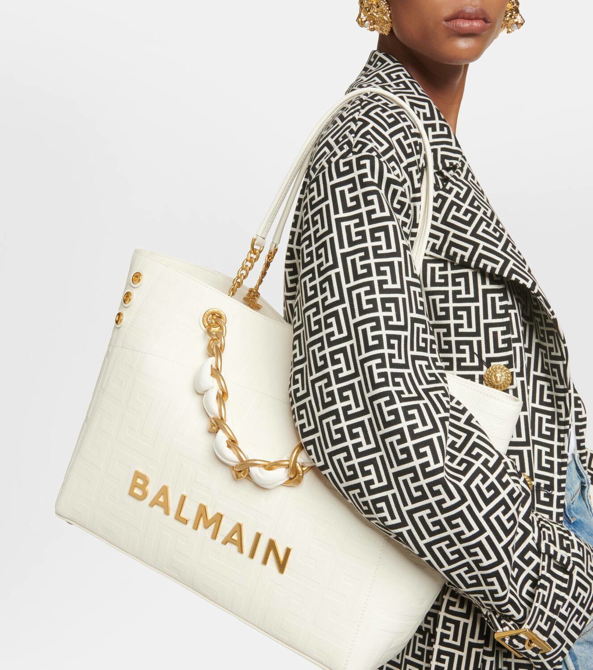 【BALMAIN】1945 ジャカード トートバッグ レザートリム Balmain 1945 leather tote bag Balmain