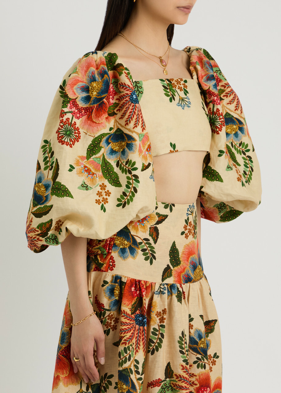 Farm Rio Delicate Garden Printed Cropped Linen top Cream
