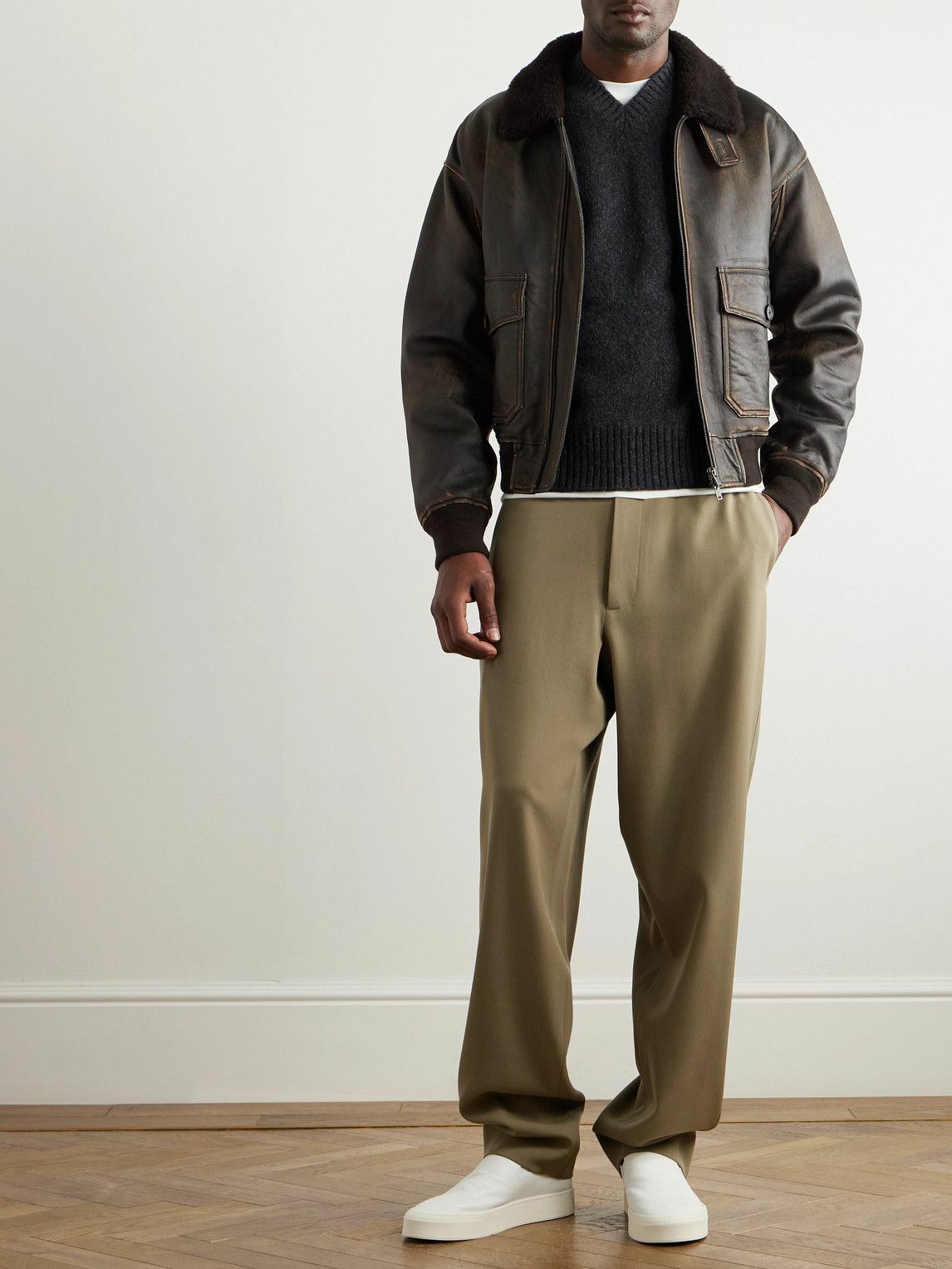 The Row - Herzog Shearling-Trimmed Leather Jacket - Black