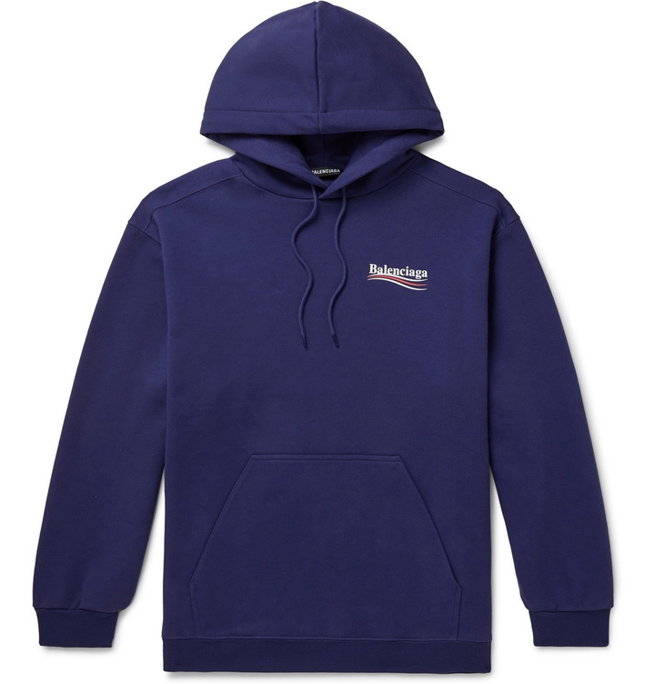 Photo: Balenciaga - Logo-Print Loopback Cotton-Jersey Hoodie - Blue