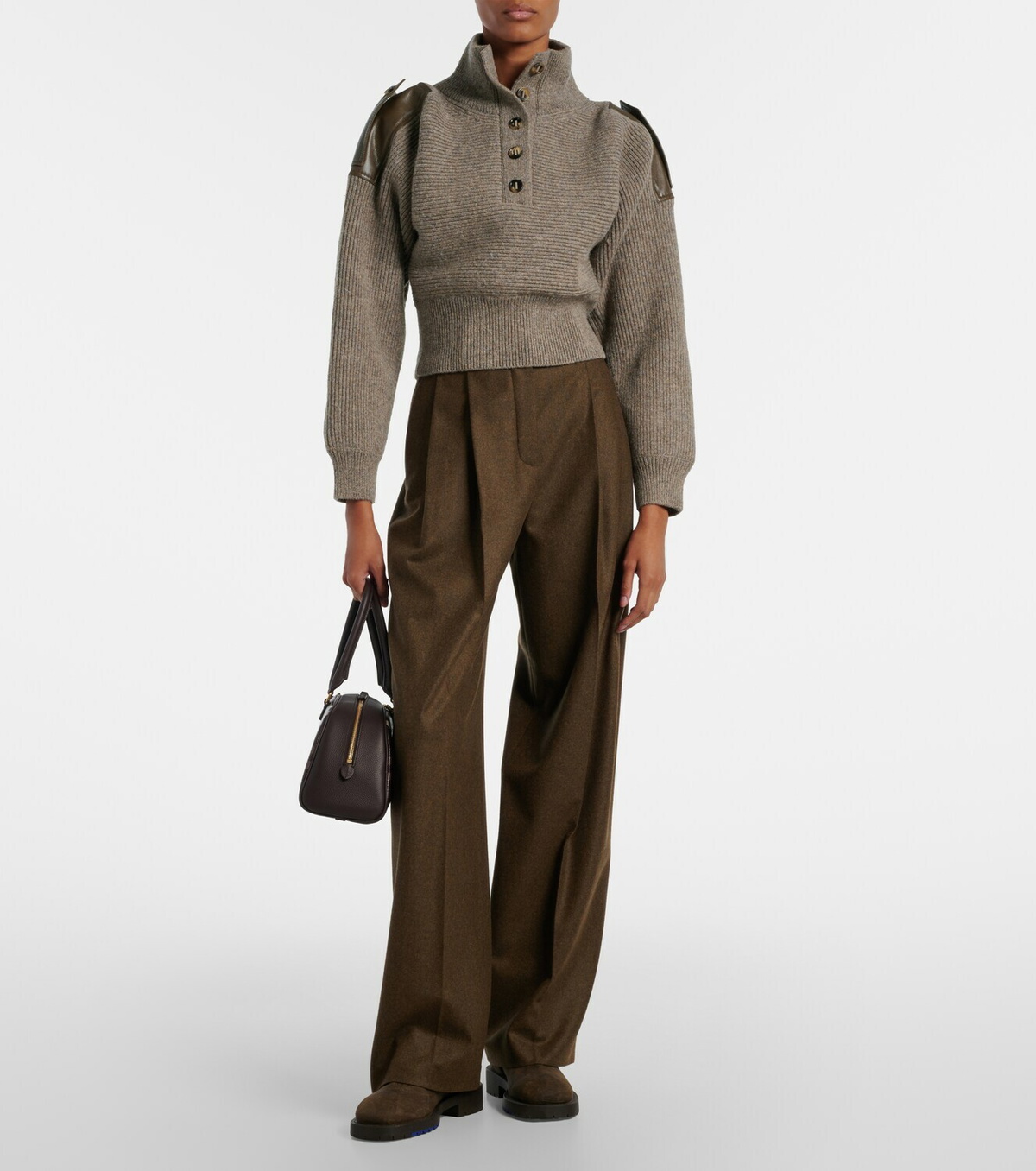 Burberry Cropped leather-trimmed wool-blend sweater