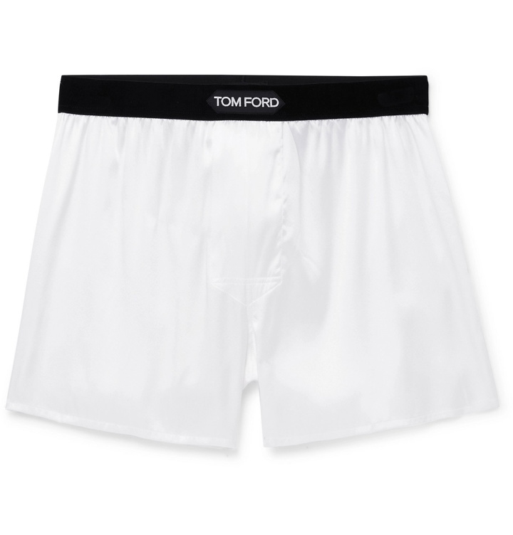 Photo: TOM FORD - Velvet-Trimmed Stretch-Silk Satin Boxer Shorts - White
