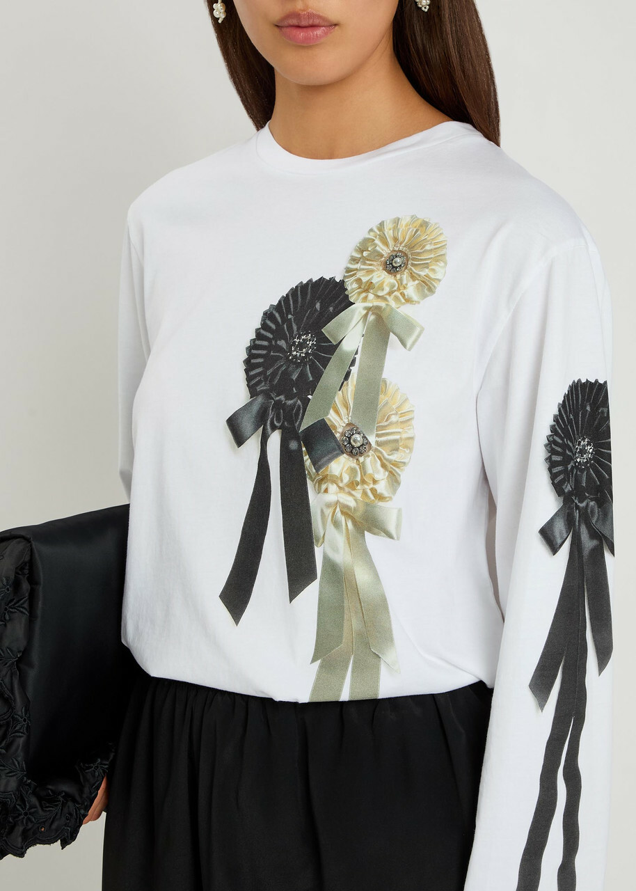Simone Rocha Ribbon Rosette Printed Long-sleeve Cotton T-shirt White