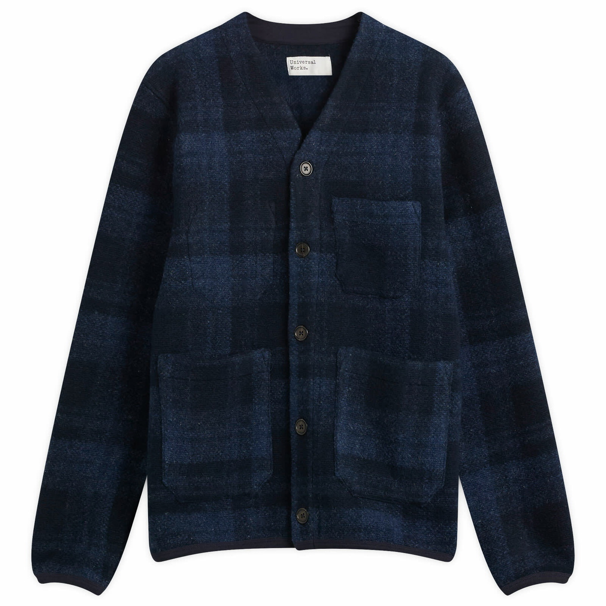 Universal Works Men's MOH Check Fleece Cardigan in Navy
