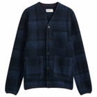 Universal Works Men's MOH Check Fleece Cardigan in Navy