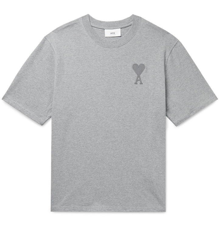 Photo: AMI PARIS - Logo-Embroidered Cotton-Jersey T-Shirt - Gray