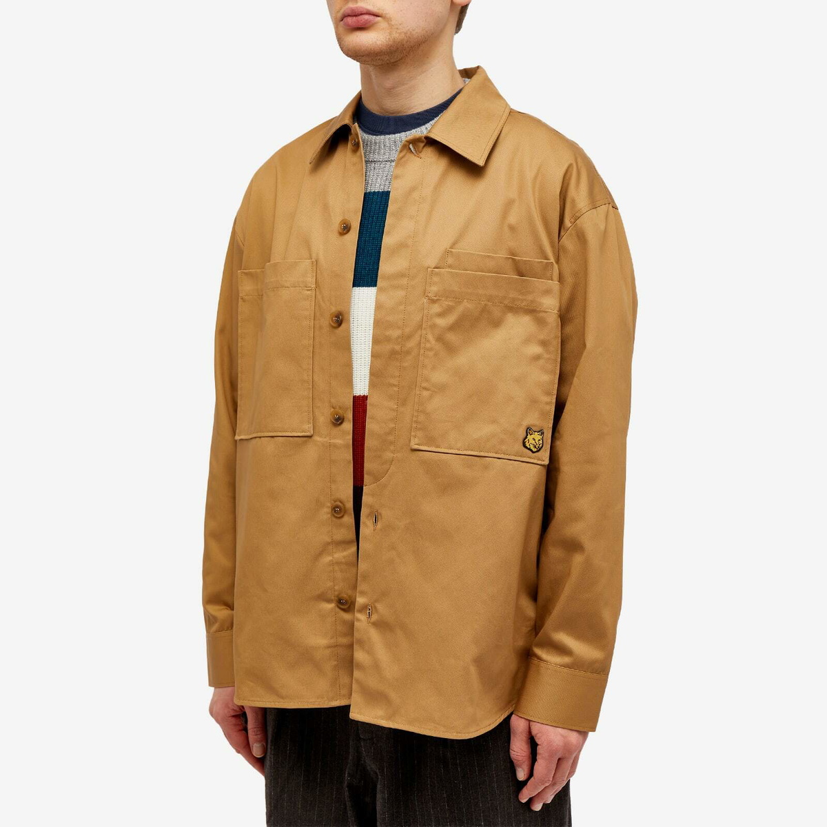 Maison Kitsuné Men's Tonal Fox Head Patch Overshirt in Beige Maison Kitsune