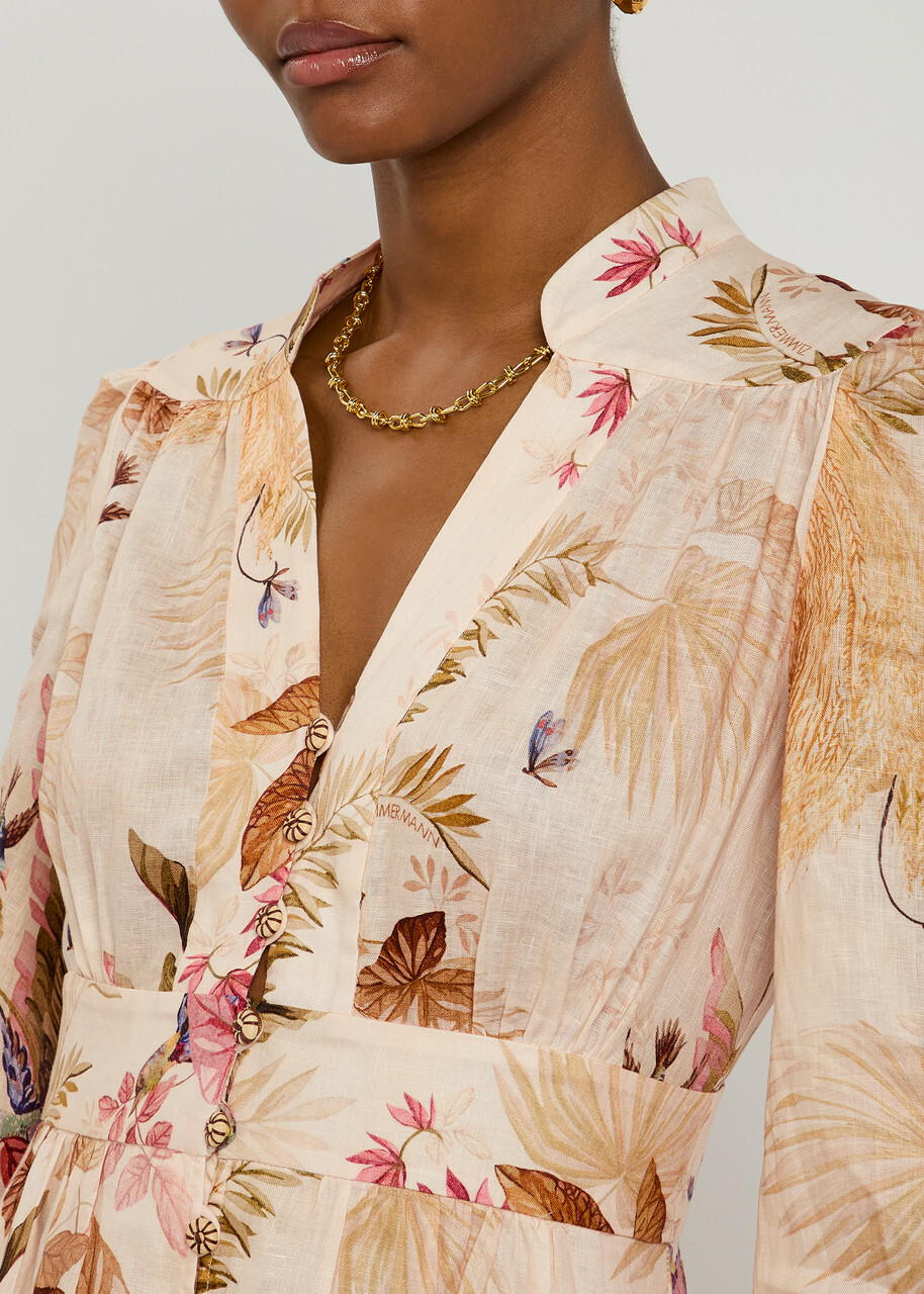 Zimmermann Ascension Plunge Printed Linen Midi Dress Multi Floral