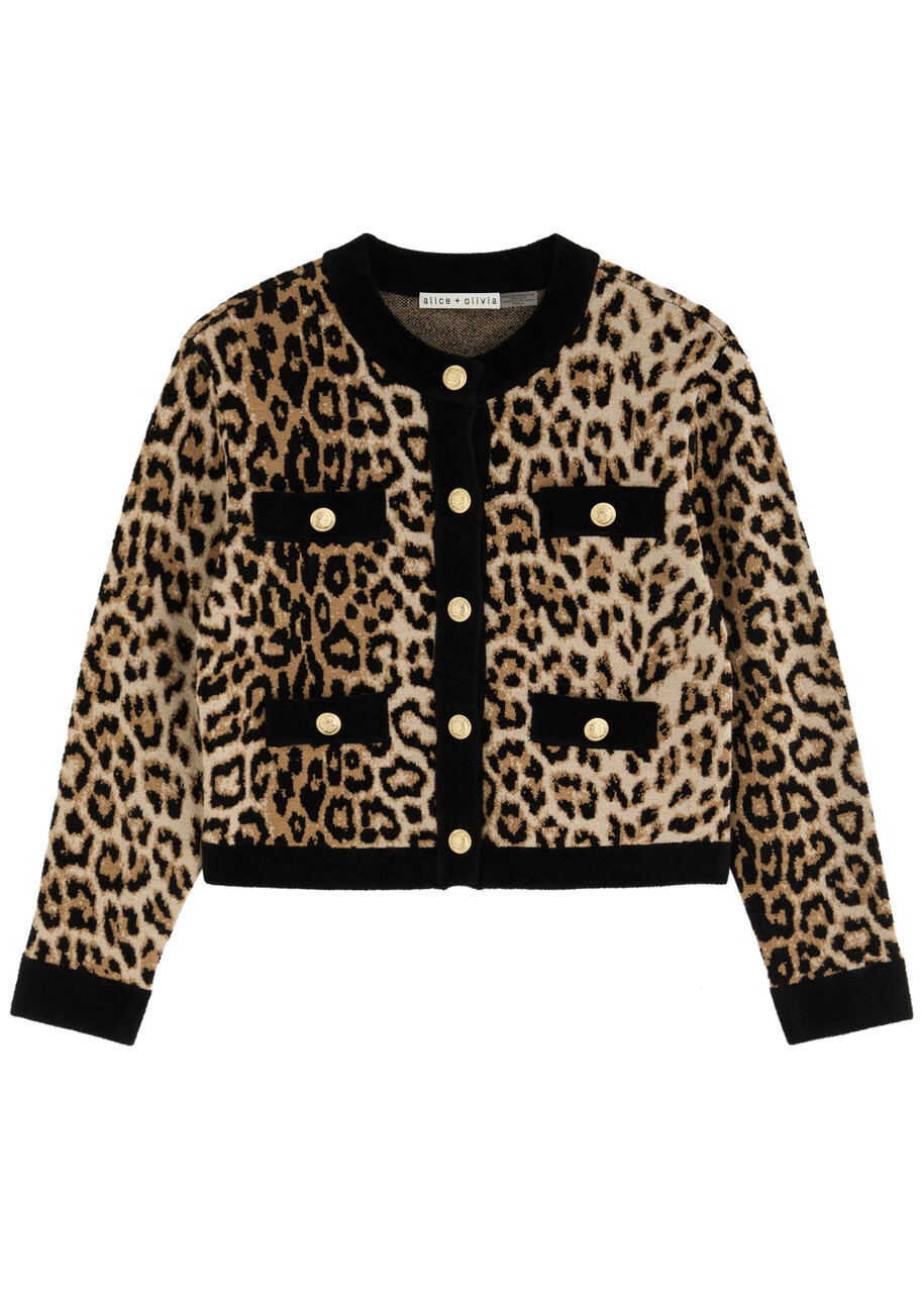 alice+olivia 刺繍入りベージュカーディガン Alice + Olivia Claira Leopard-intarsia Wool-blend Cardigan Alice +