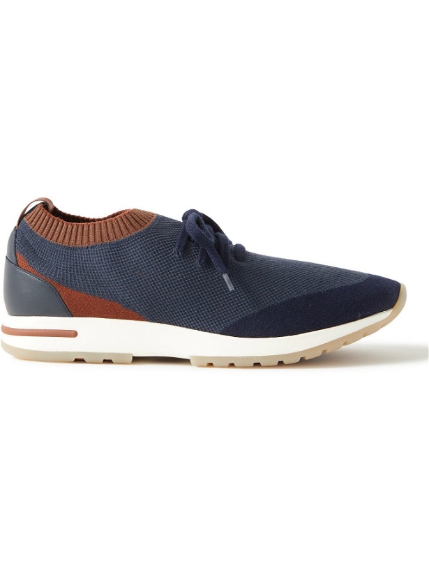 Photo: LORO PIANA - 360 Flexy Walk Leather-Trimmed Knitted Wish Silk Sneakers - Blue
