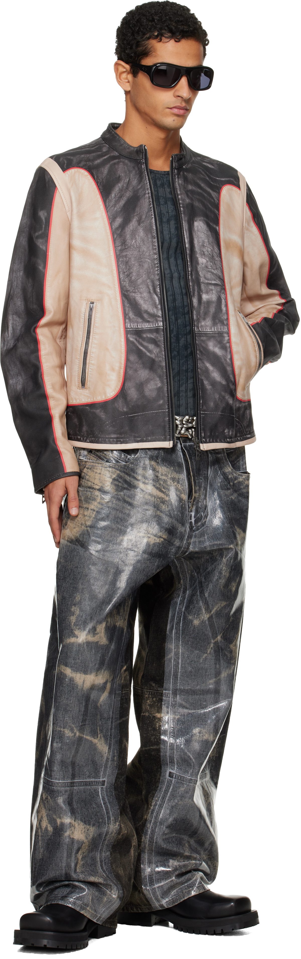 Diesel Black & Beige L-Evert Leather Jacket Diesel