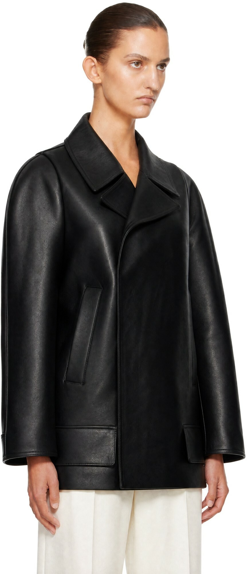 Victoria Beckham Black Leather Pea Coat