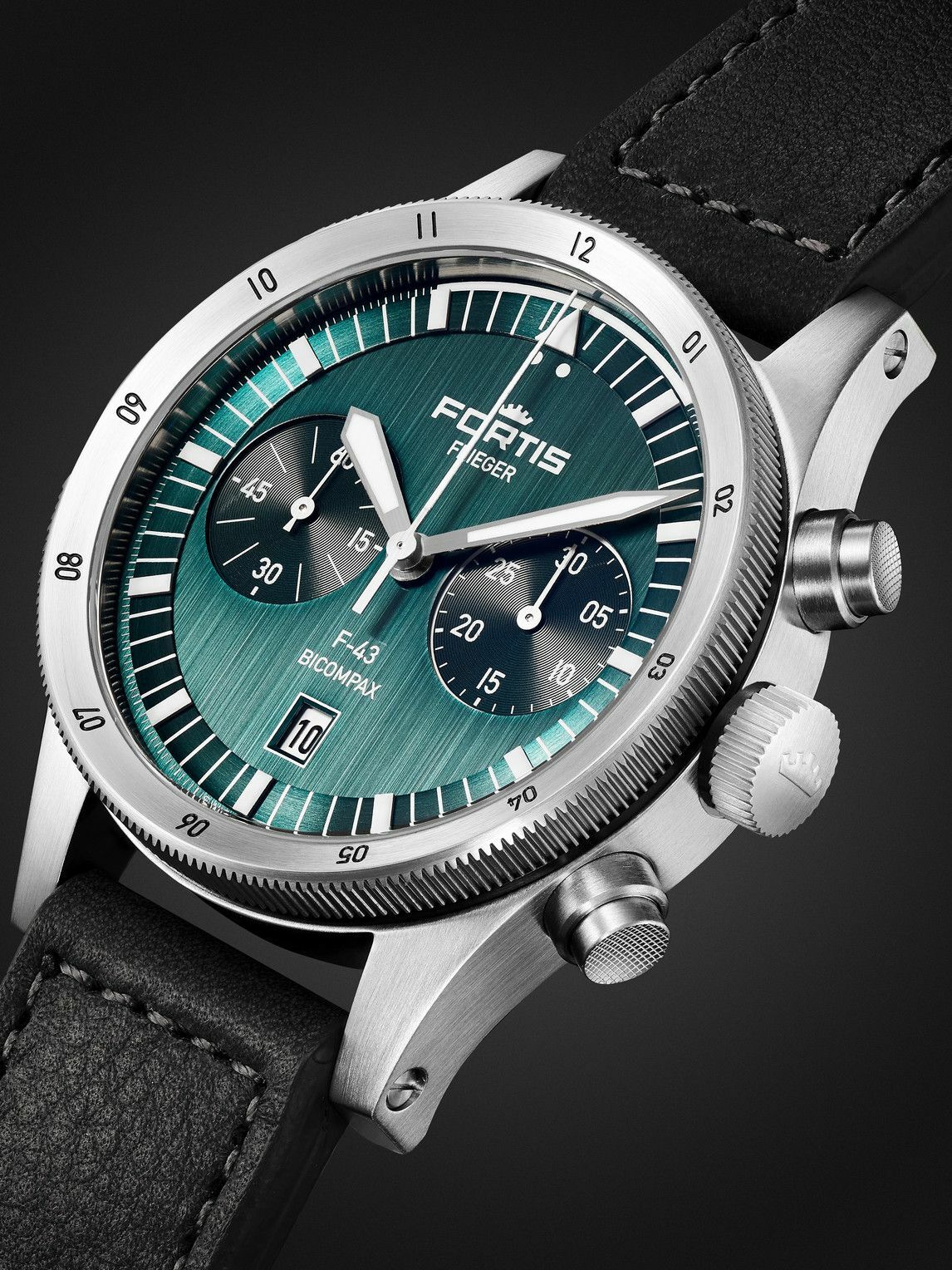 Fortis - Flieger F-43 Bicompax Automatic 43mm Stainless Steel and Leather Watch, Ref. No. F4240009