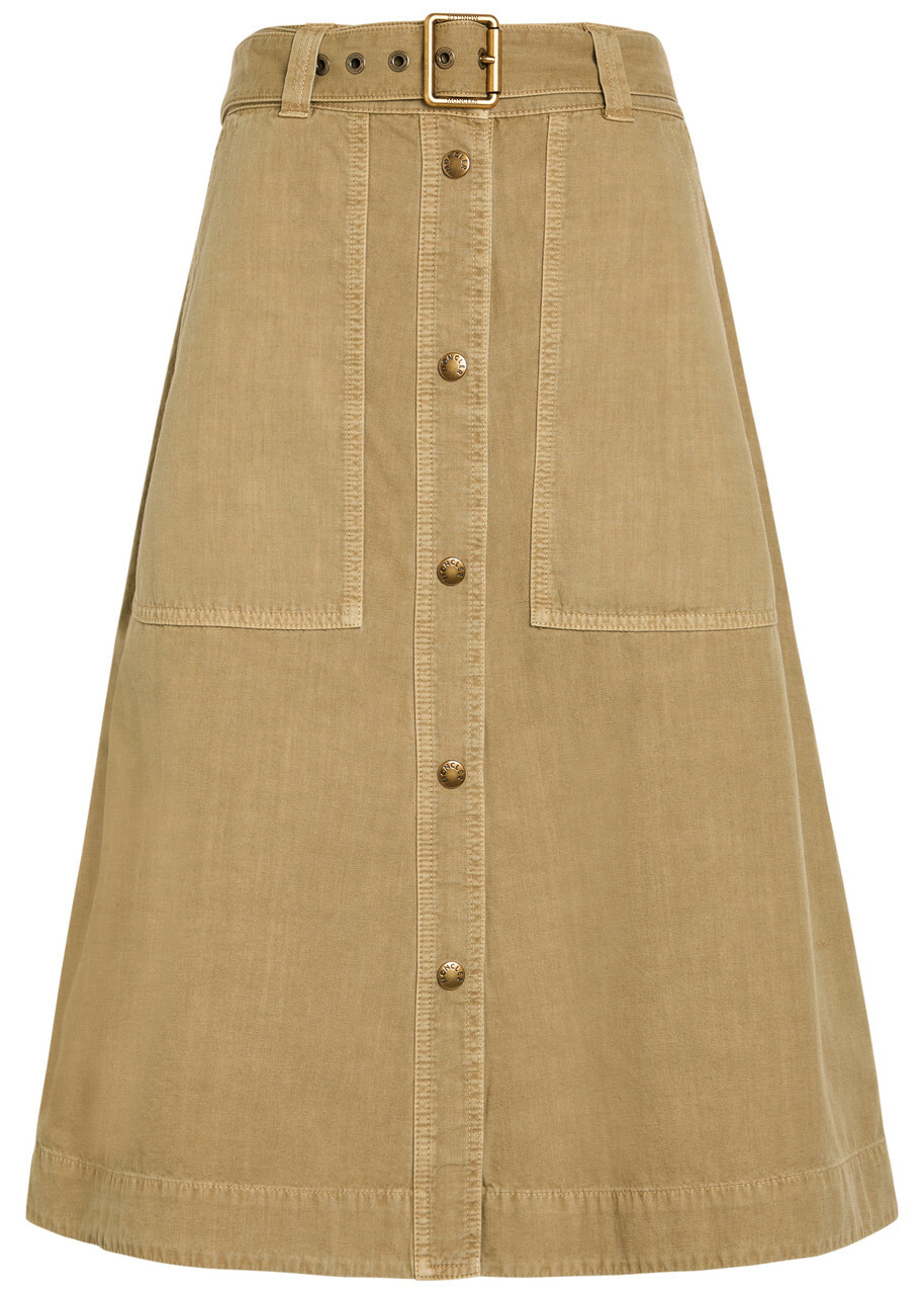 Moncler Belted Cotton-twill Midi Skirt Beige