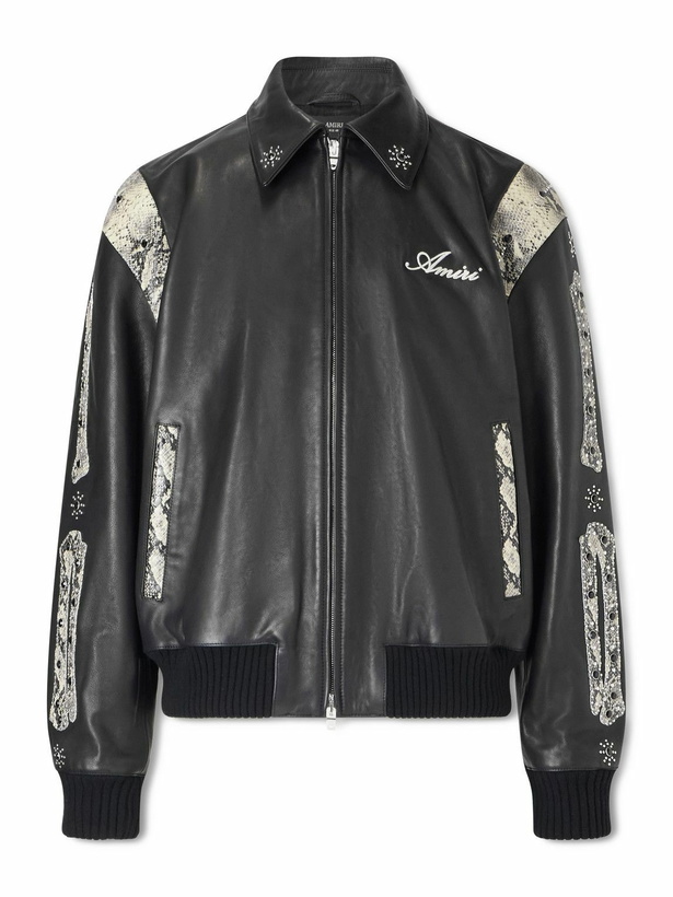 Photo: AMIRI - Bones Snake-Effect Panelled Studded Logo-Embroidered Leather Jacket - Black