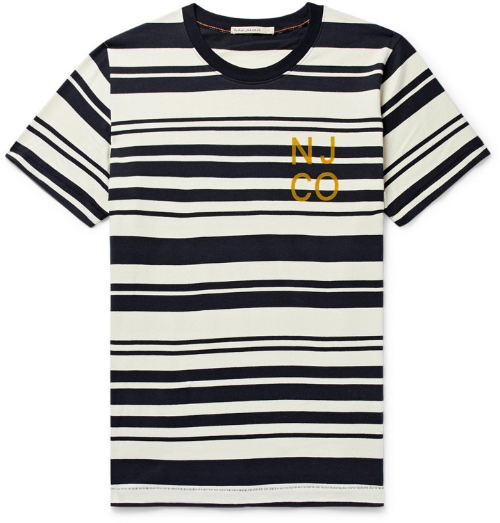 Photo: Nudie Jeans - Roy Barcode Logo-Flocked Striped Cotton-Jersey T-Shirt - Off-white