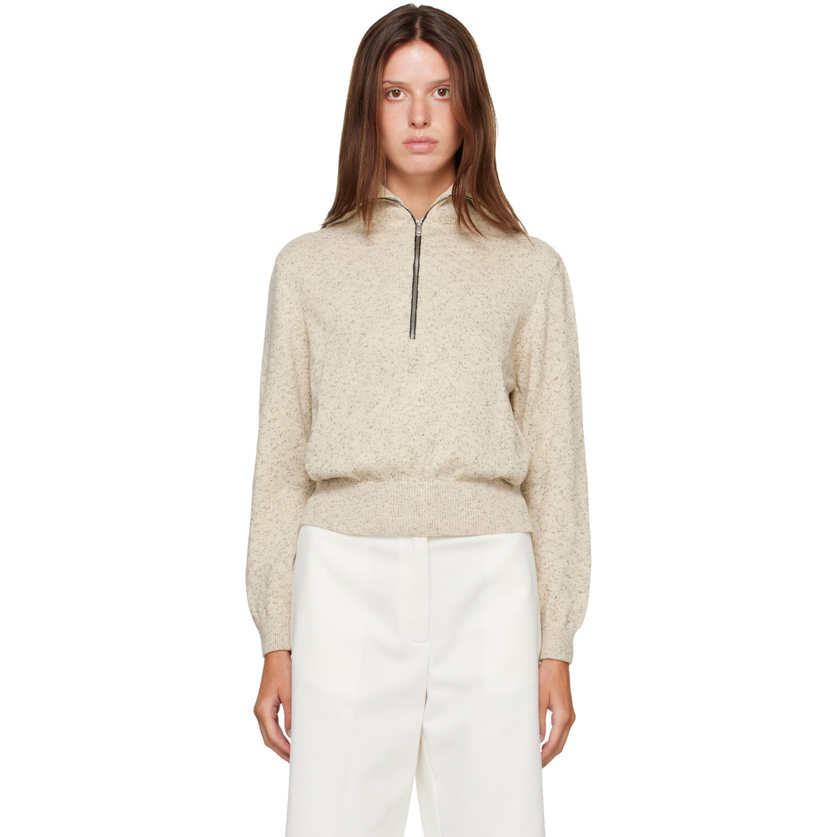 Cordera Off-White Flecked Cotton Zip-Up Sweater