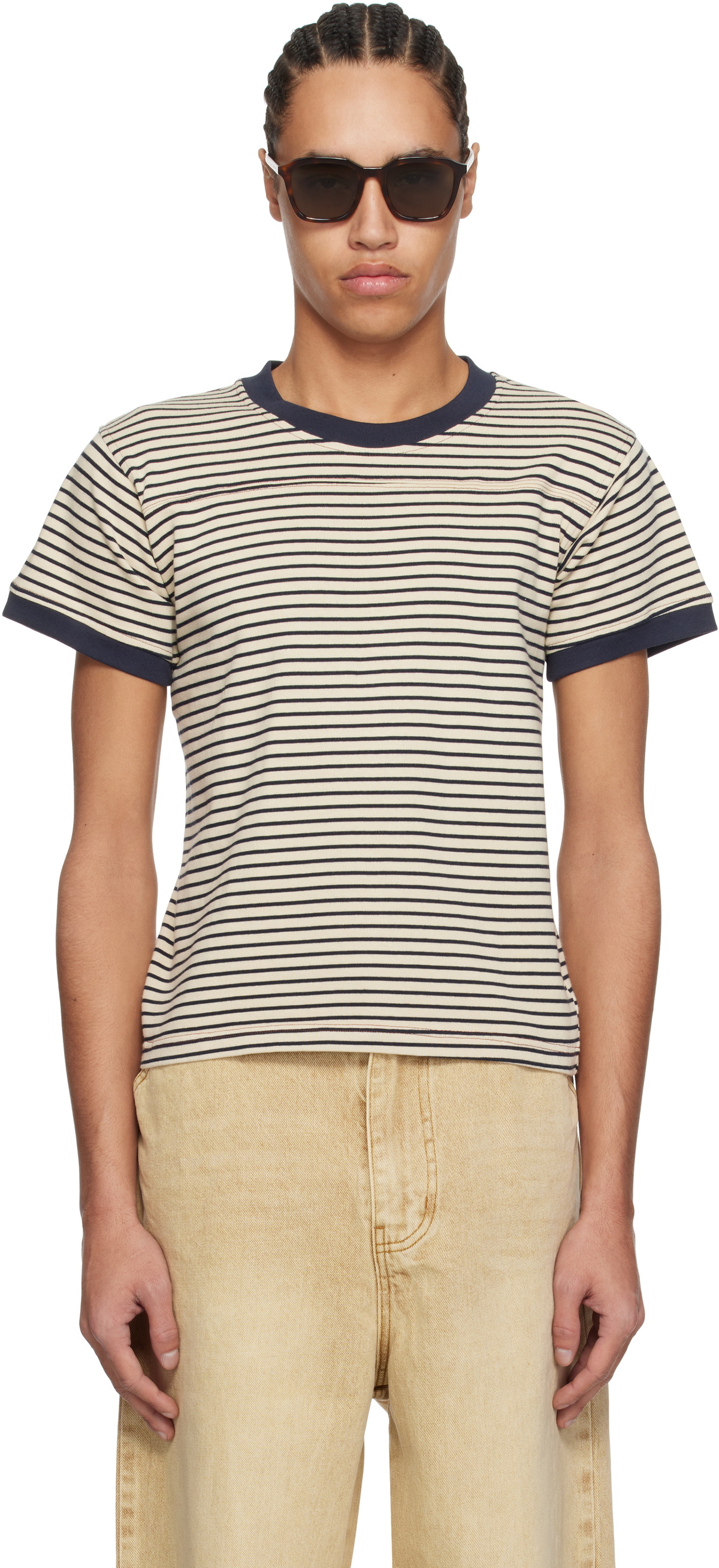 Carter Young Beige & Navy Striped Football T-shirt